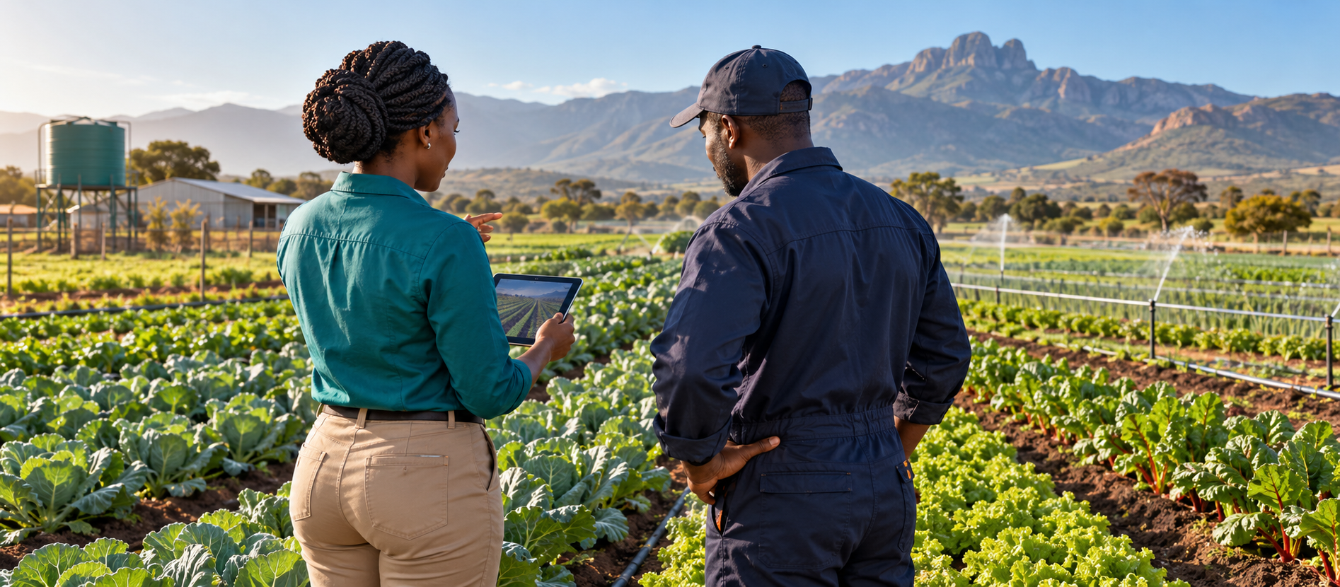 Farm business team reviewing crops and farm operations with a tablet