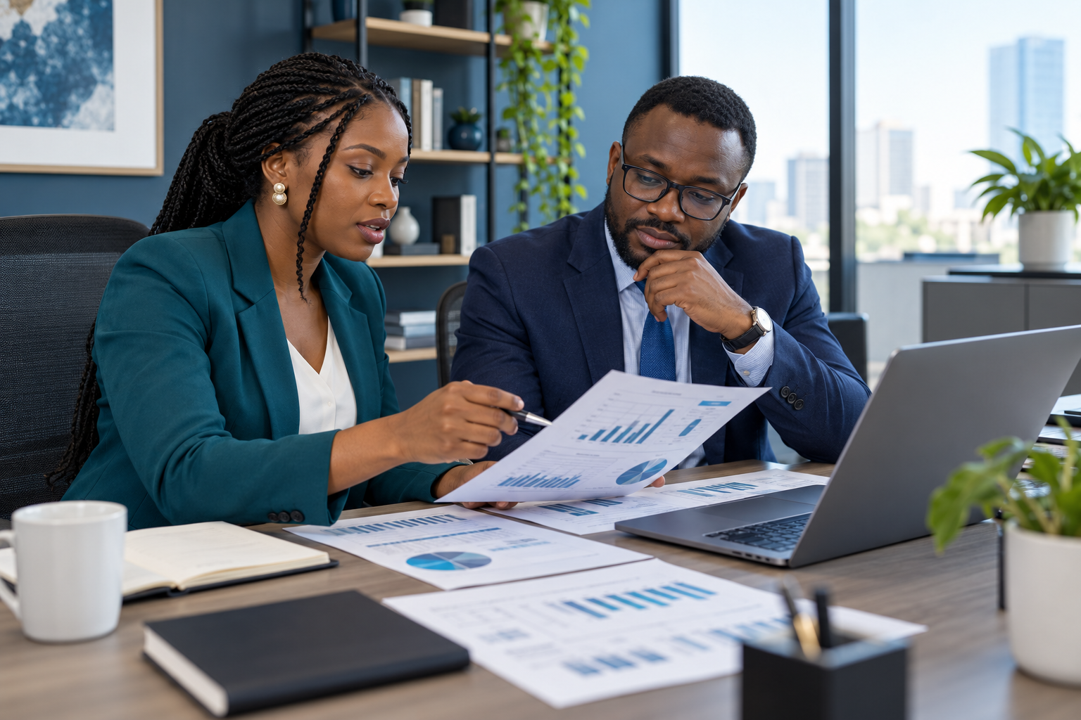 Finance professionals reviewing business records together