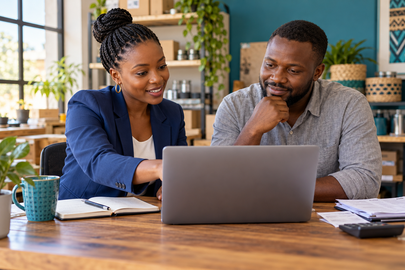 Business owner receiving hands-on laptop setup guidance