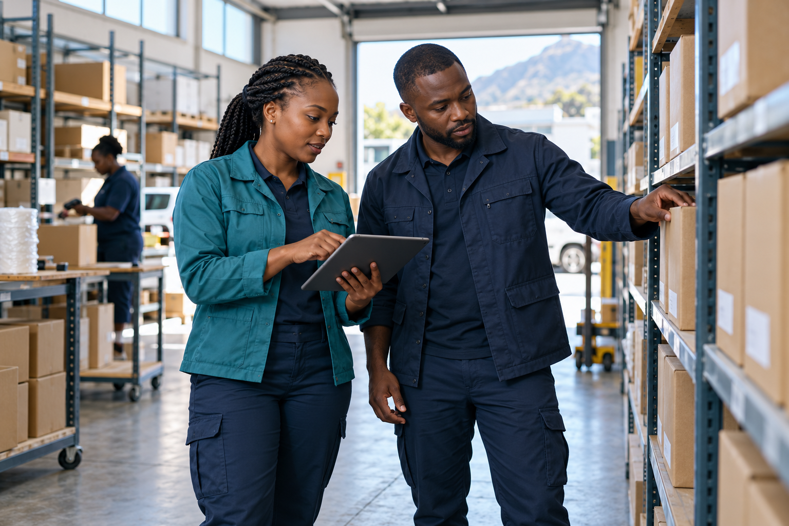 Illustrative warehouse team coordinating stock with a tablet